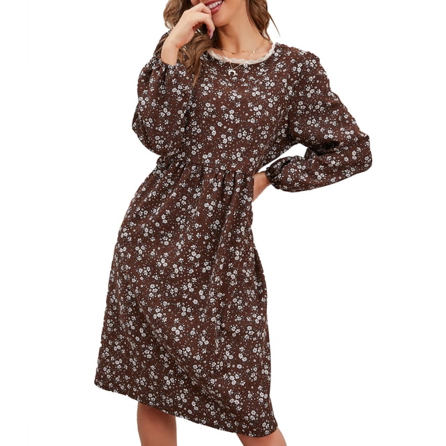 Vestido midi de mujer con estampado floral con cuello redondo de cintura alta Vestido de manga larga para citas Oficina en casa Café M