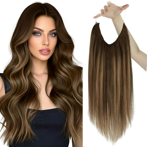 Extensiones de cabello humano real Sunny Wire, línea de pez, extensiones de alambre invisible, de marrón oscuro a rubio caramelo con reflejos marrones oscuros, #4 /27/4, 24 pulgadas