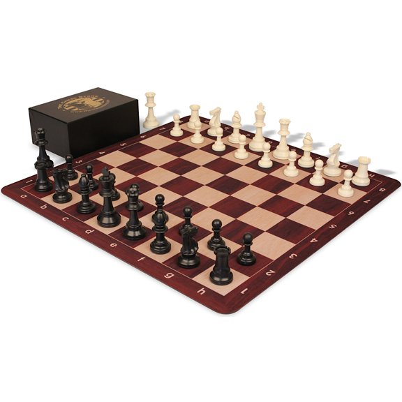 The Chess Store Club Special Plastic Chess Set Black & Ivory Double Weighted Pieces with Extra Queens, Rosewood & Maple Floppy Chess Board & Box - 3.75" King