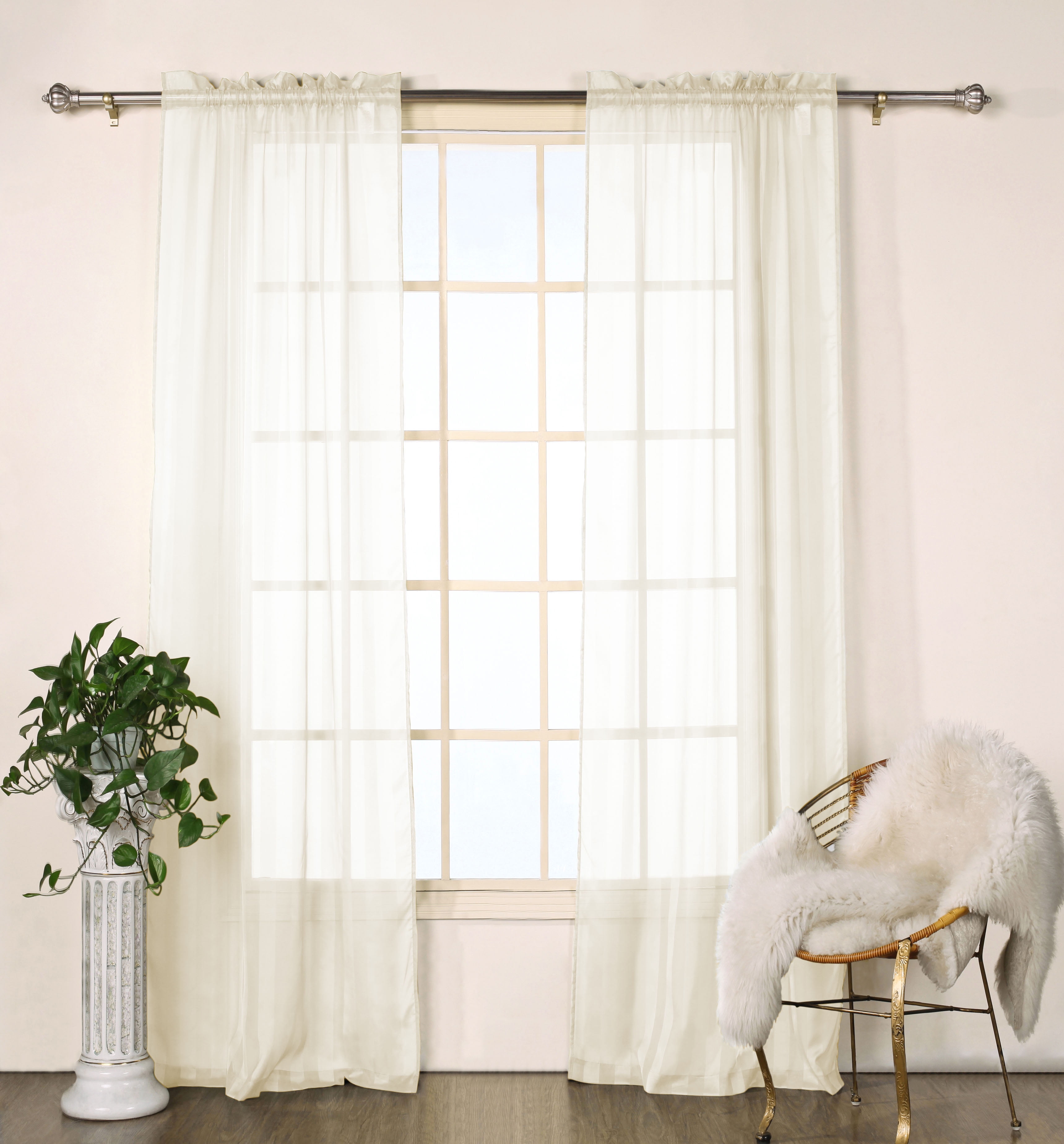 Set of Two (2) Sheer Window Curtain Panels Beige Satin Stripe, 76"W x