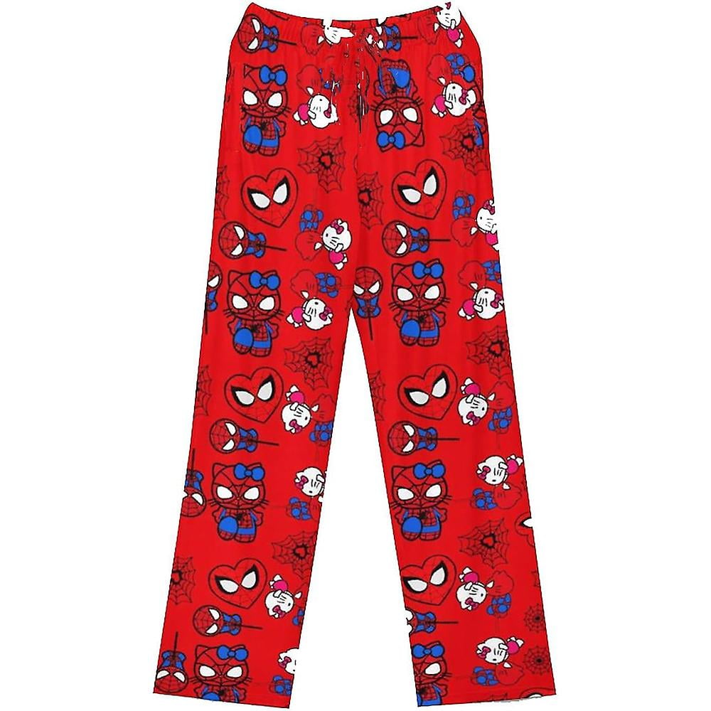 Cartoon Hello Kitty Spiderman Printed Pajamas Pants Casual Sleepwear Loungewear Pants Bottoms for Women Teens Girls Size XL Red Kitty