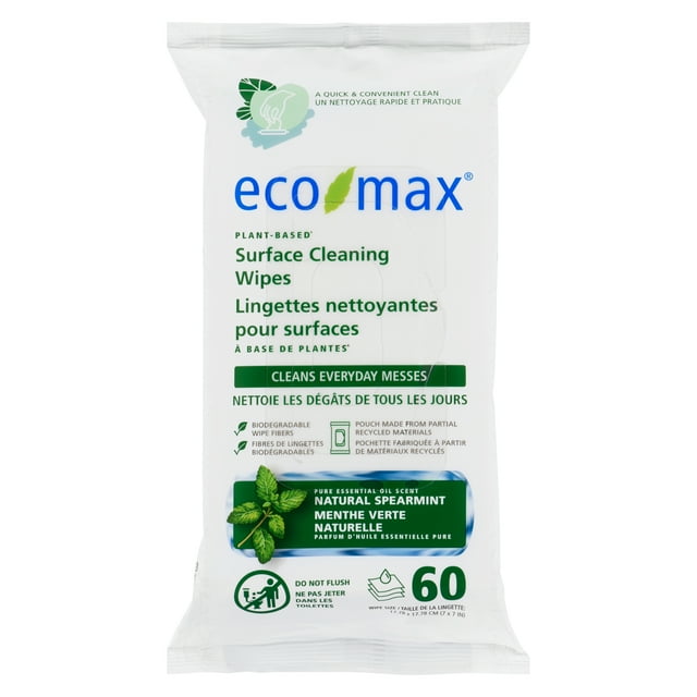 ECO-MAX plant-based surface cleaning wipes package with 60 biodegradable wipes scented with natural spearmint, featuring eco-friendly packaging made from recycled materials.