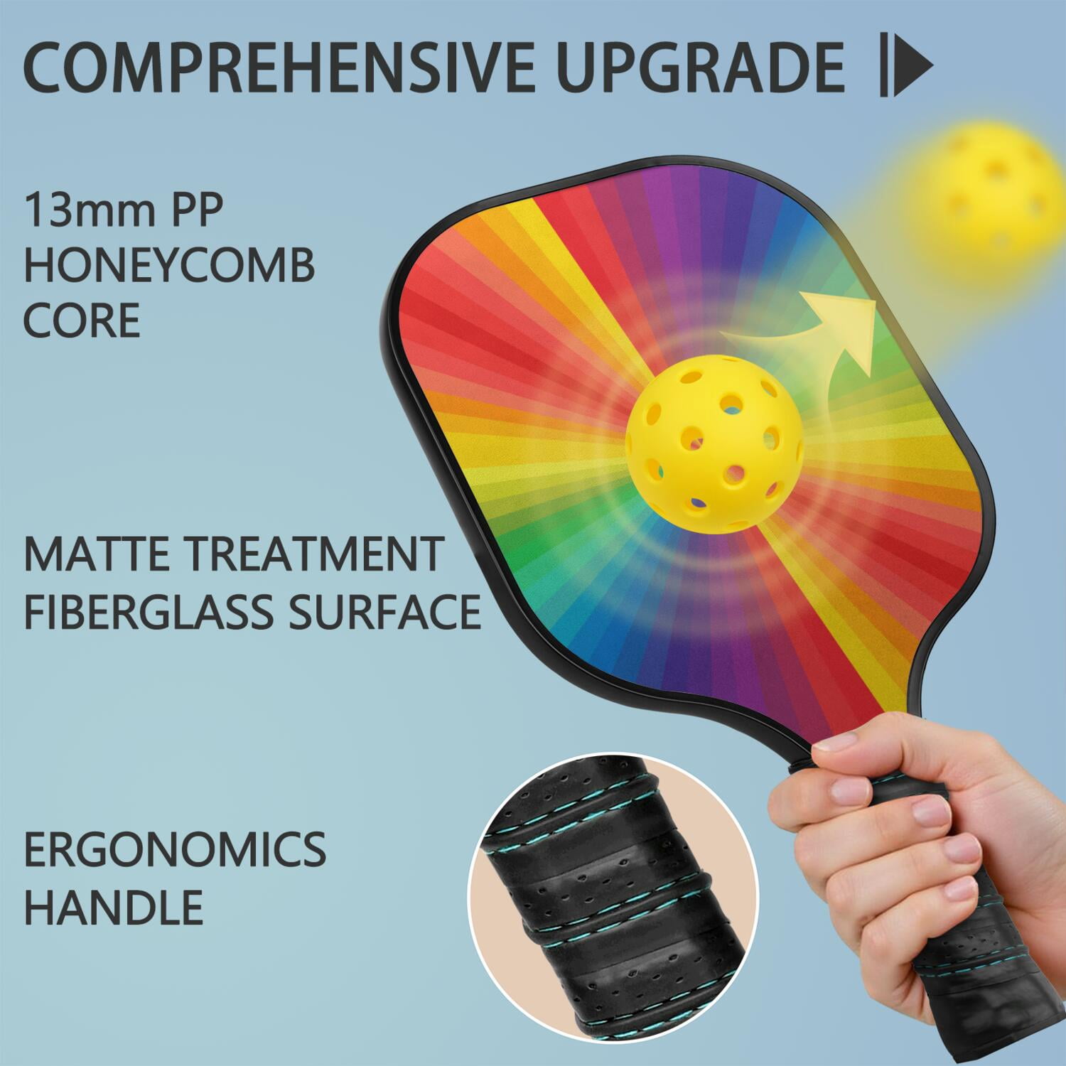 Pickleball Paddles Set Of 2, Fiberglass Surface, Vibrant Rainbow Print, 4 Balls & Bag