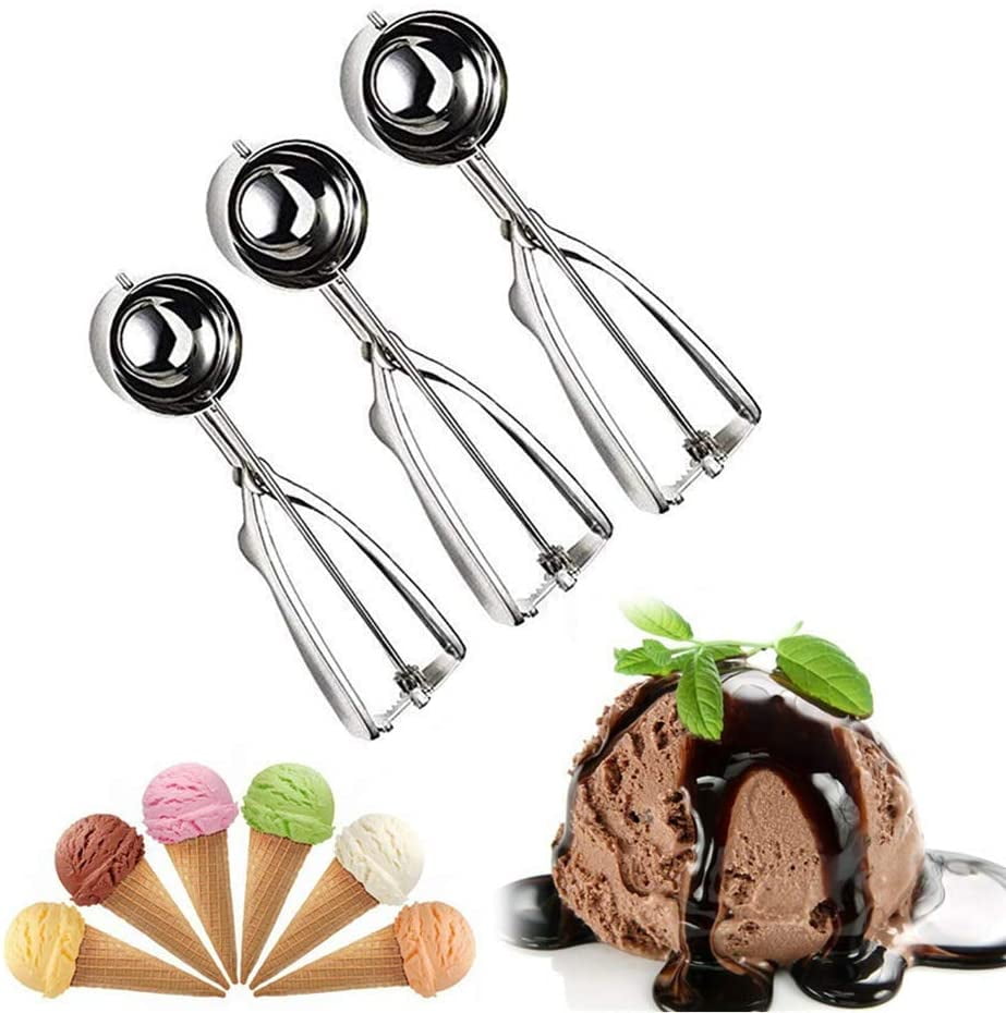 Stainless Steel 3 Pack Ice Cream Cookie Dough Scoops Spoons Small Medium Large 