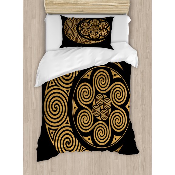 Earthy Duvet Cover Set Twin Size, Celtic Moon and Sun with Spiral Motifs Esoteric Bohemian Spiritual Symbol, Decorative 2 Piece Bedding Set with 1 Pillow Sham, Black Pale Orange, by Ambesonne