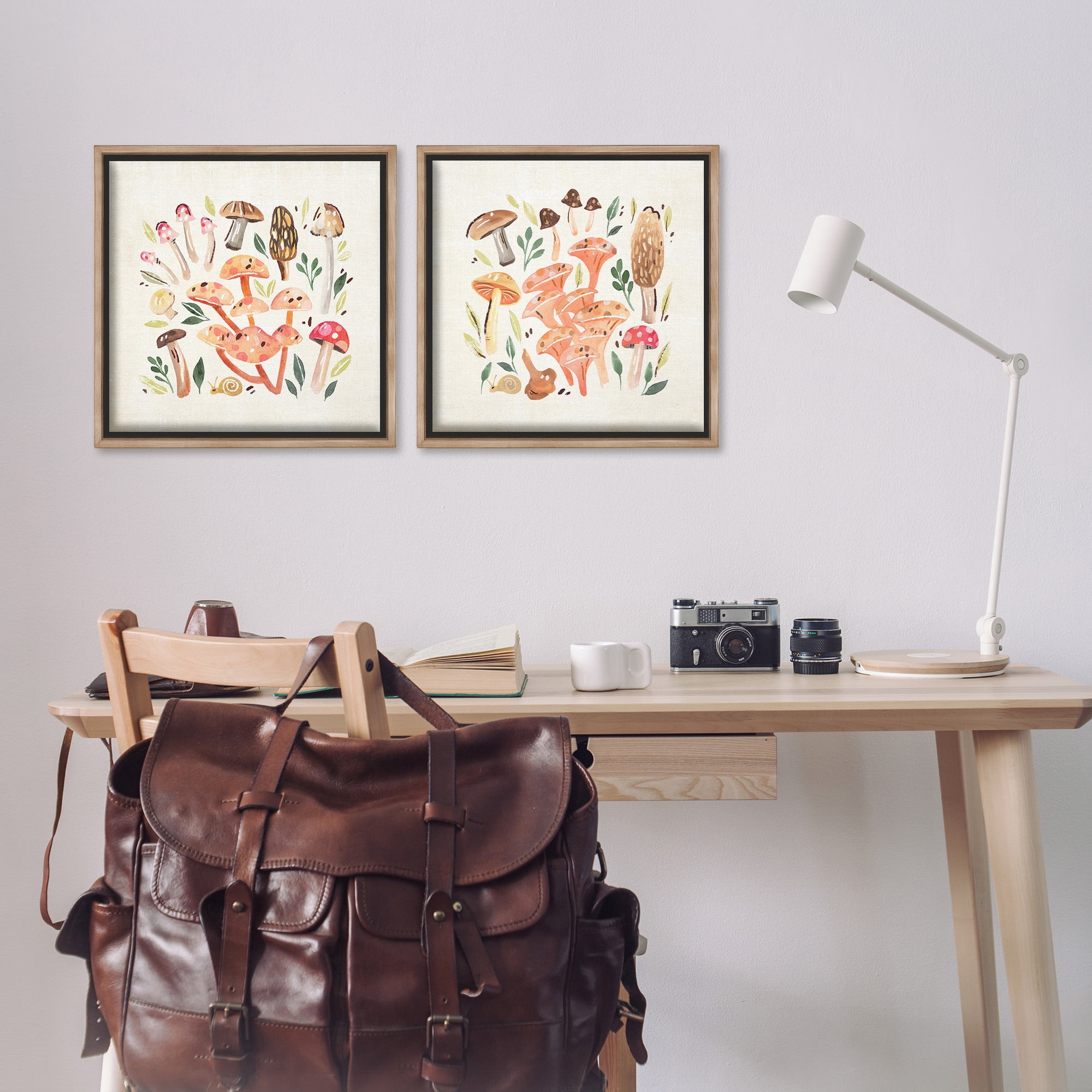 Stupell Industries Mushroom & Leaves Pattern Botanical & Floral Painting Brown Floater Framed Canvas Art Print Wall Art, 18 x 18, Set of 2