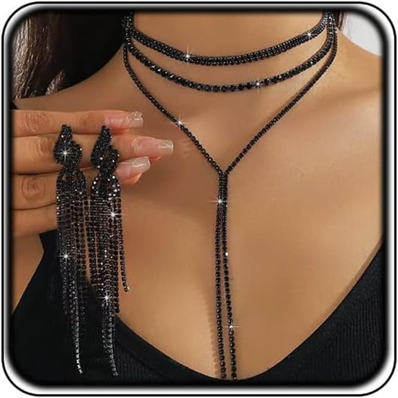 DESIGNICE Bling Black Rhinestone Jewelry Sets for Women Fashion Formal Sparkle Crystal Layered Y Choker Necklace Cubic Zirconia Dangle Earrings Set Trendy Prom Necklaces