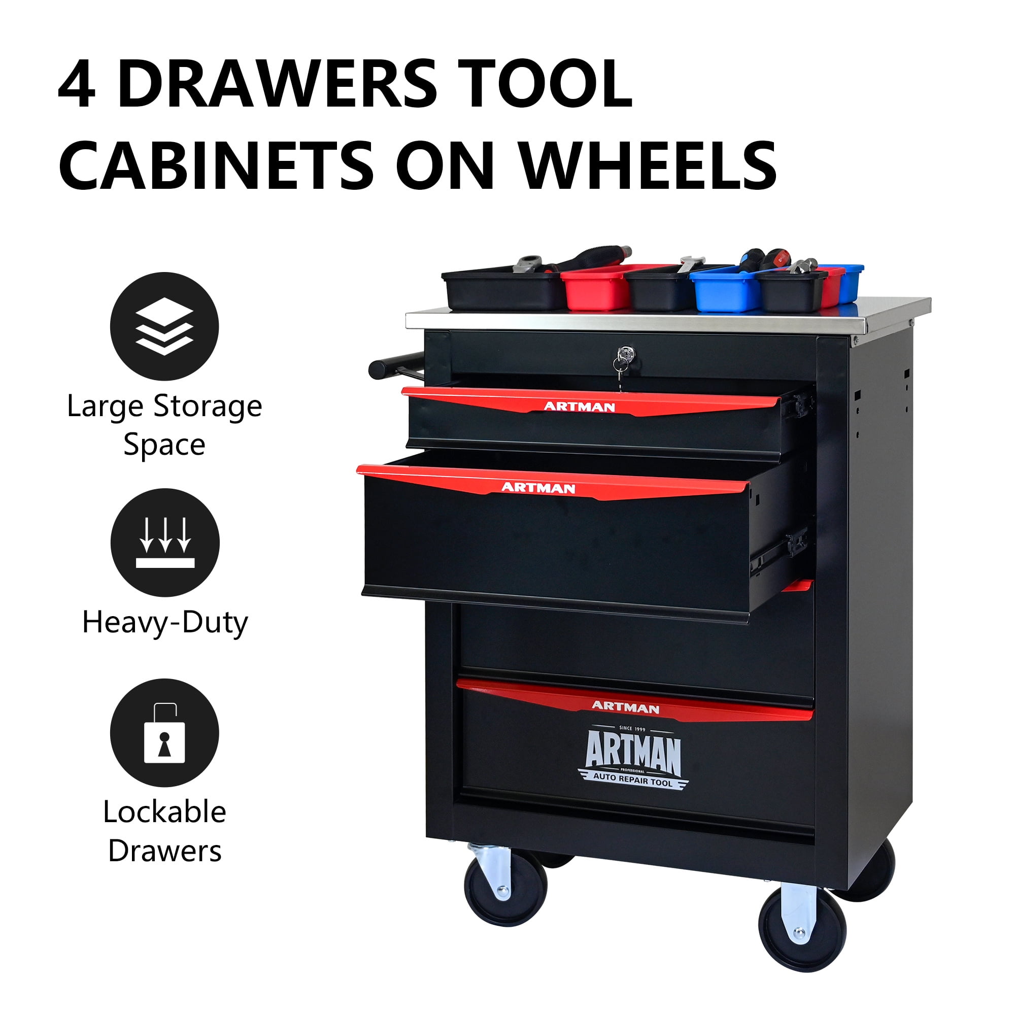 Aukfa Tool Box 4-Drawer Rolling Tool Chest Combination Workbench for Workshop Garage, Black