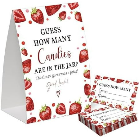 Strawberry Guess How Many Candies Are in the Jar Game for Baby Shower, Pack of One 5x7 Sign and 50 Guessing Cards, Berry Sweet Baby Shower Decoration, Gender Neutral Party Supplies - GC03