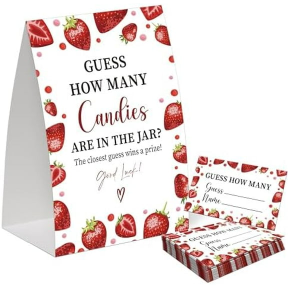 Strawberry Guess How Many Candies Are in the Jar Game for Baby Shower, Pack of One 5x7 Sign and 50 Guessing Cards, Berry Sweet Baby Shower Decoration, Gender Neutral Party Supplies - GC03