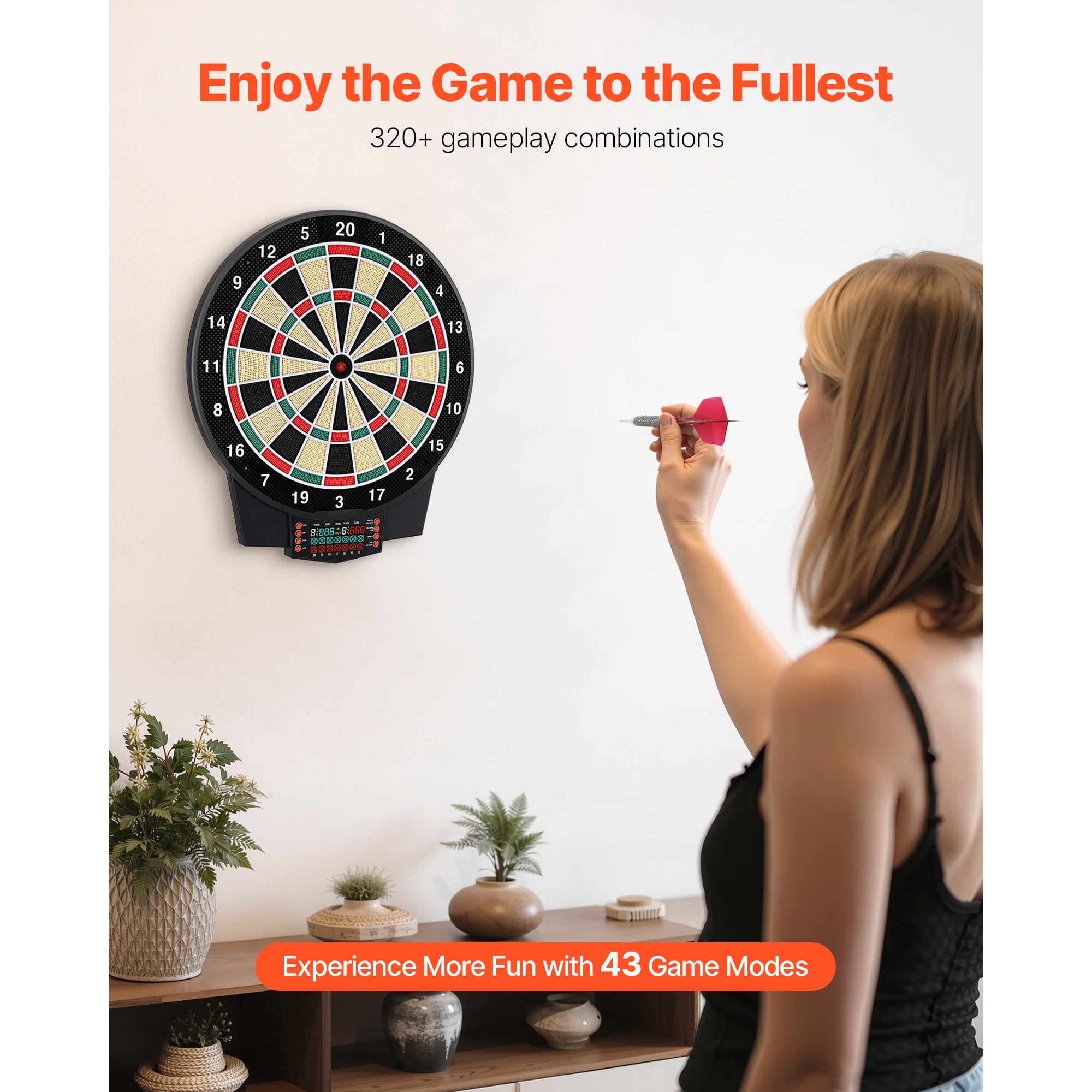 KFFKFF Electronic Dart Board with 15.5" Target Area, Featuring 43 Games and Over 320 Variations for Up to 8 Players, Includes 6 Dart Shafts, Flights, and 50 Soft Tips