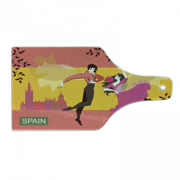 Travel Cutting Board, Young Spanish Dancer Woman and Man with Ornaments Traditional Clothes, Decorative Tempered Glass Cutting and Serving Board, in 3 Sizes, by Ambesonne