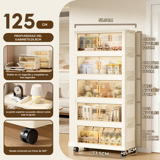 5 Cajas de Almacenamiento Plegables con 5 Niveles, Ruedas Silenciosas, Puerta Magnética, Organizadores Apilables de ABS de 50X25X120 Cm, Cajas de Organización Removibles para Dormitorio