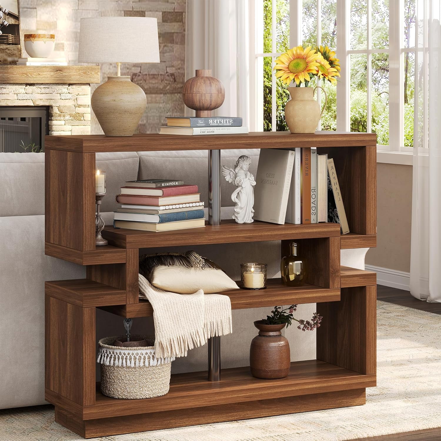 40-Inch Brown Farmhouse Console Table with 4-Tier Storage, Narrow Entryway Table for Behind Couch or Hallway