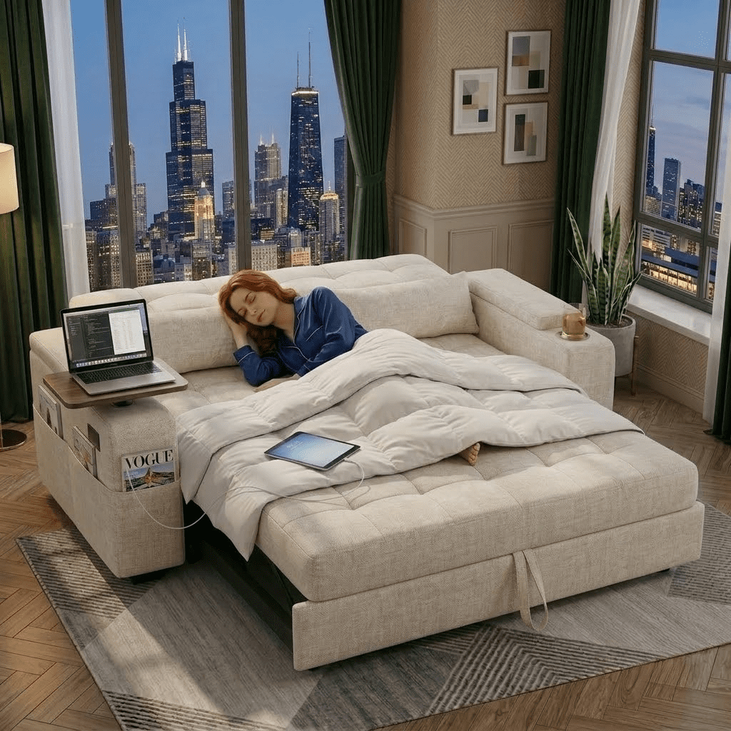 Howcool 65" Sleeper Sofa Bed, 3-in-1 Convertible Pull Out Couch Bed with Tray Table & Cup Holders, Chenille Loveseat Sofa with Adjustable Backrest for Living Room, Apartment(Beige)