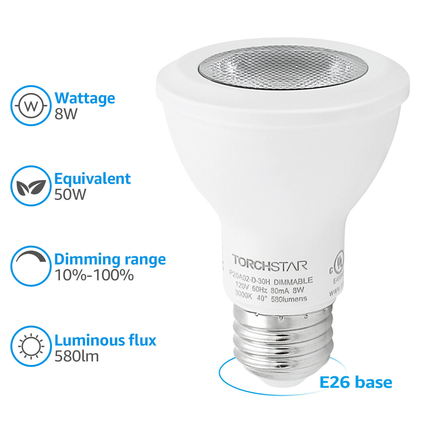 Buy TORCHSTAR 8W Dimmable PAR20 LED Spot Light Bulbs for Recessed