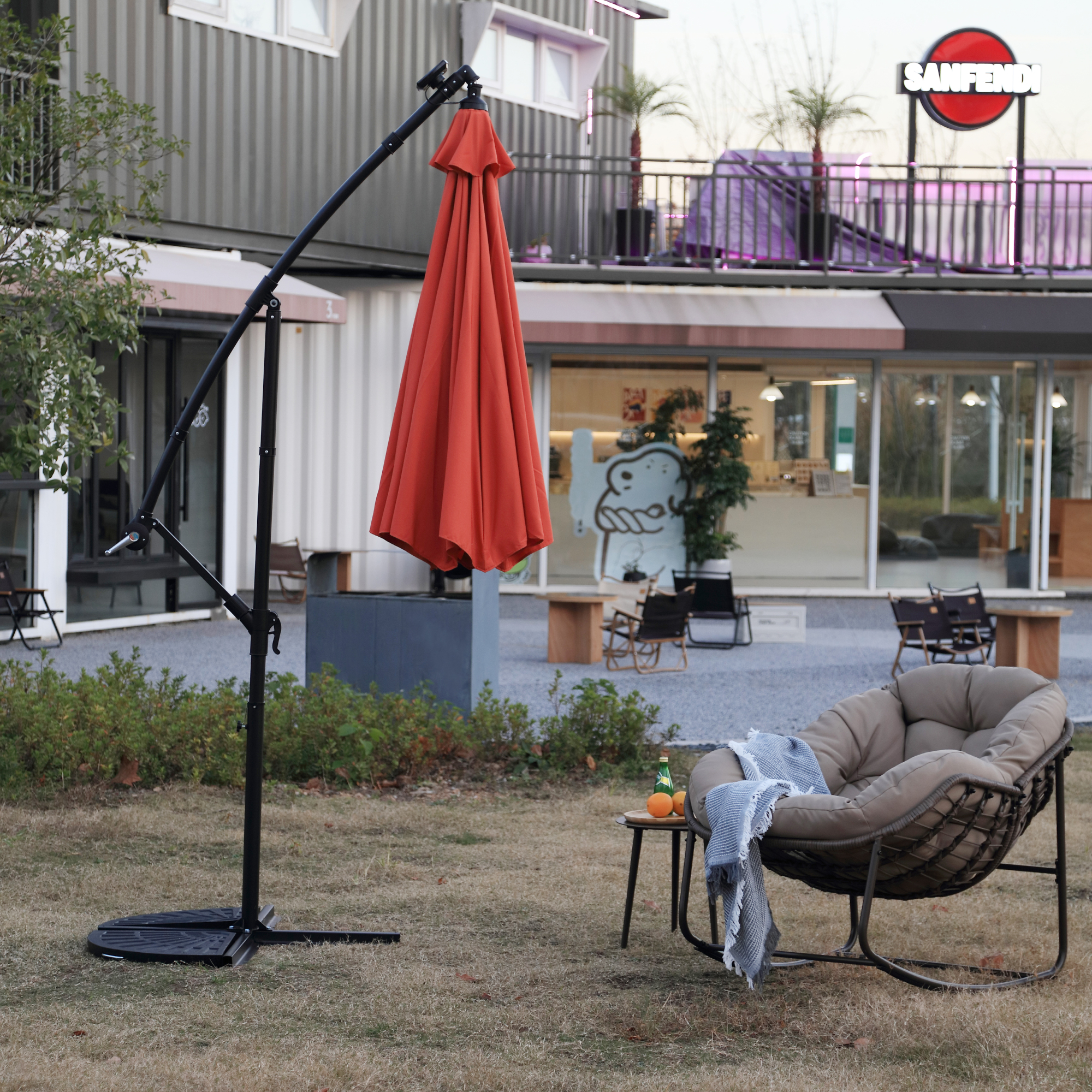 Leumius 10ft Solar LED Patio Umbrella, Offset Cantilever Outdoor Umbrella with 40 LED Lights, Infinite Tilt, 360 Degree Rotation, Crank Handle for Pool Deck Garden Backyard,Orange(No Base)