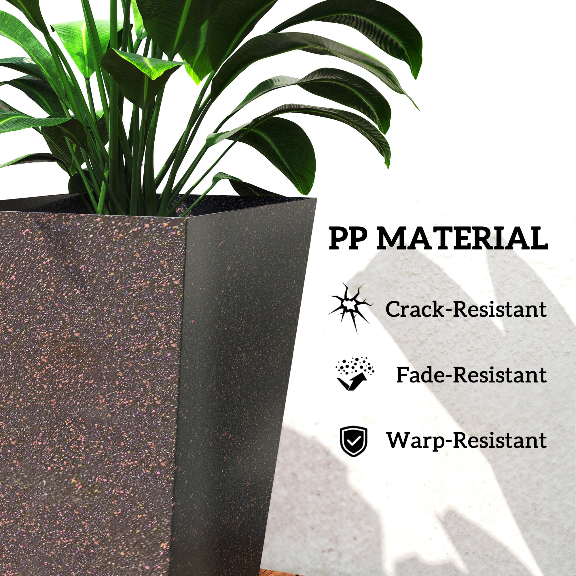 Outsunny 28" Tall Planters, Set of 3 Plastic Flower Pots with Marble Finish and Drainage Holes, Stackable Tapered Outdoor Planters, Brown