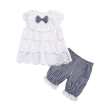 

Toddler Kids Baby GIrls Ruffle Lace Bow Tops Plaid Shorts Summer Outfits Clothes