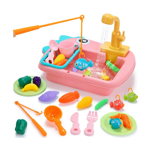 Juego De Cocina Infantil Con Fregadero Eléctrico 24 Pcs Malubero, Color Rosa