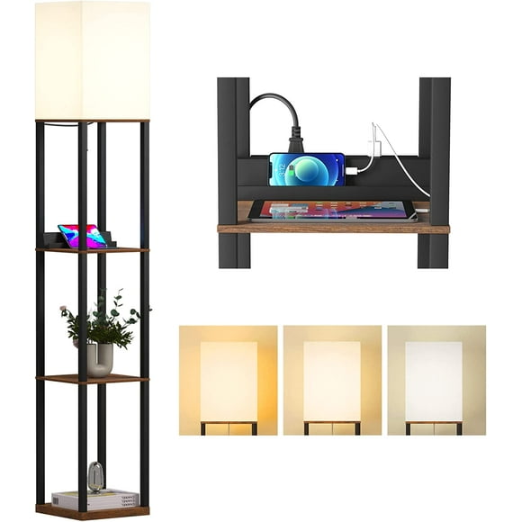 ERDS-Floor Lamp with Shelf, Standing Lamp W/3 Tier Wood Shelves and 2 USB Ports 1 Power Outlet, 3 Color Temperatures Dimmable LED Floor Lamps for Living Room, Bedroom & Office