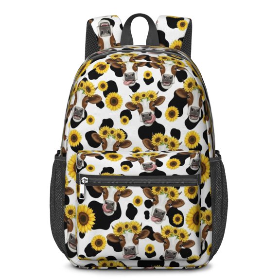 Sunflower and Cow White Pattern 17" Waterproof Oxford School Backpacks for Teens, S-Shape Padded Straps, for School, Travel, Hiking, Camping