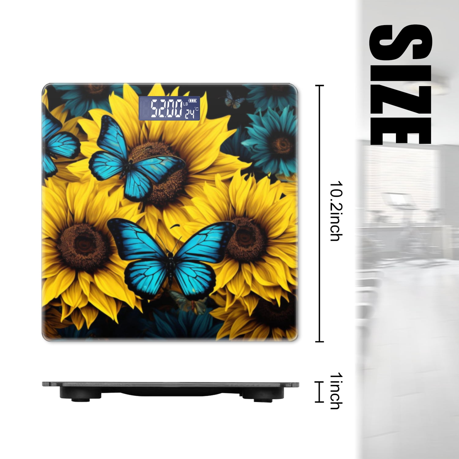 Bathroom Scale, Highly Accurate Digital Body Scale,Precisely Measures Weight up to 400 lbs-Sunflowers With Blue Butterflies Featuring Yellow And Dark Blue Colors