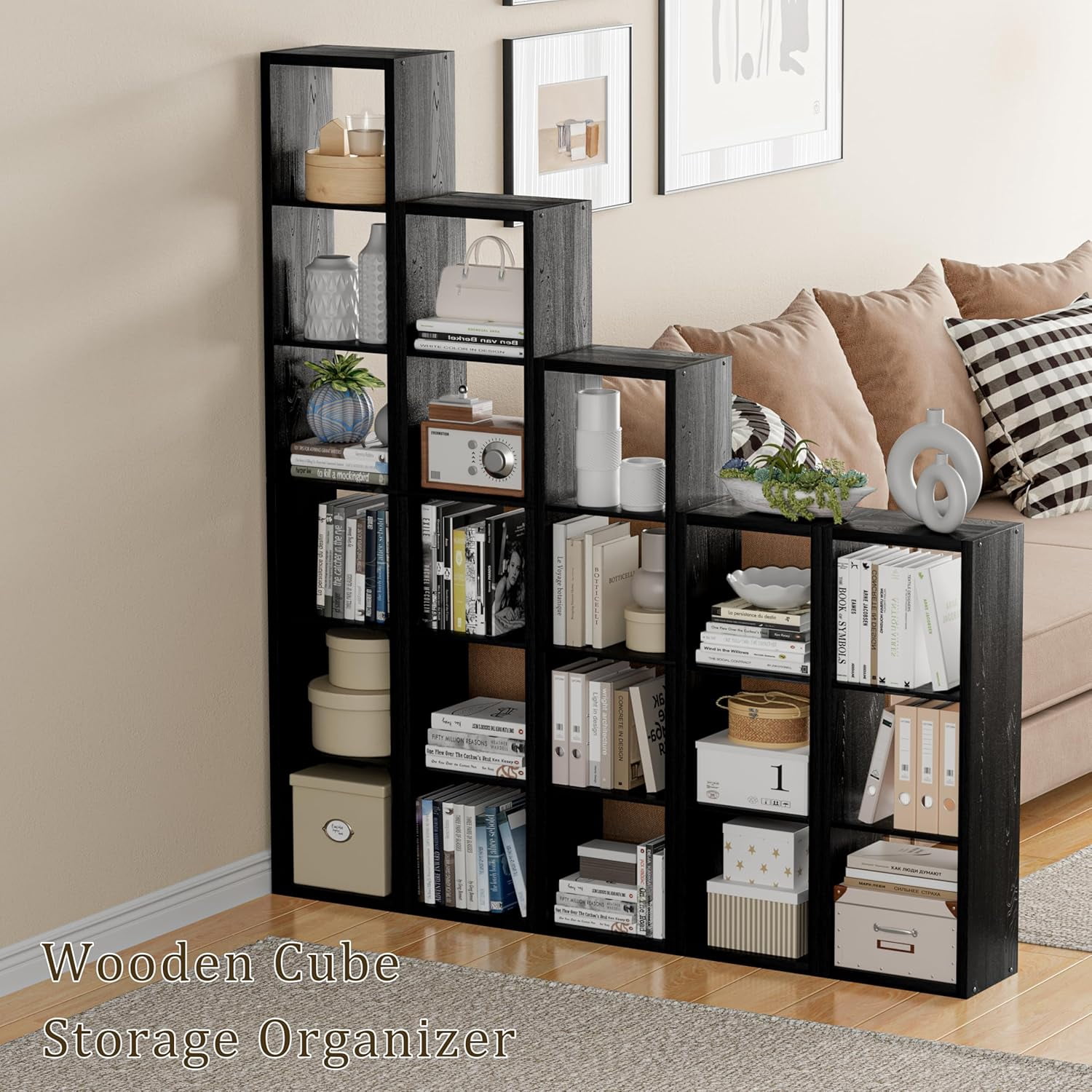 Anhdah 3 Cube Storage Organizer Bookshelf, Black Wooden Bookcase Storage Shelf, Sturdy 3-Cube Organizer for Living Room, Bedroom, Home Office, Easy Assembly