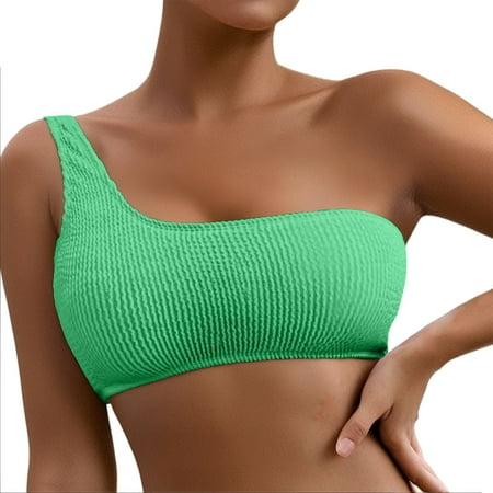 Womens Swimsuits Solid Color One Shoulder Bikini Sets For Women Top Ribbed Padded Bandeau Top Swimwears Activewear Green L
