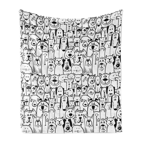 Pet Soft Flannel Fleece Throw Blanket, Group of Dogs and Cats Animals Fun Happy Beings Cartoon Inspired Design, Cozy Plush for Indoor and Outdoor Use, 50" x 70", Black White, by Ambesonne