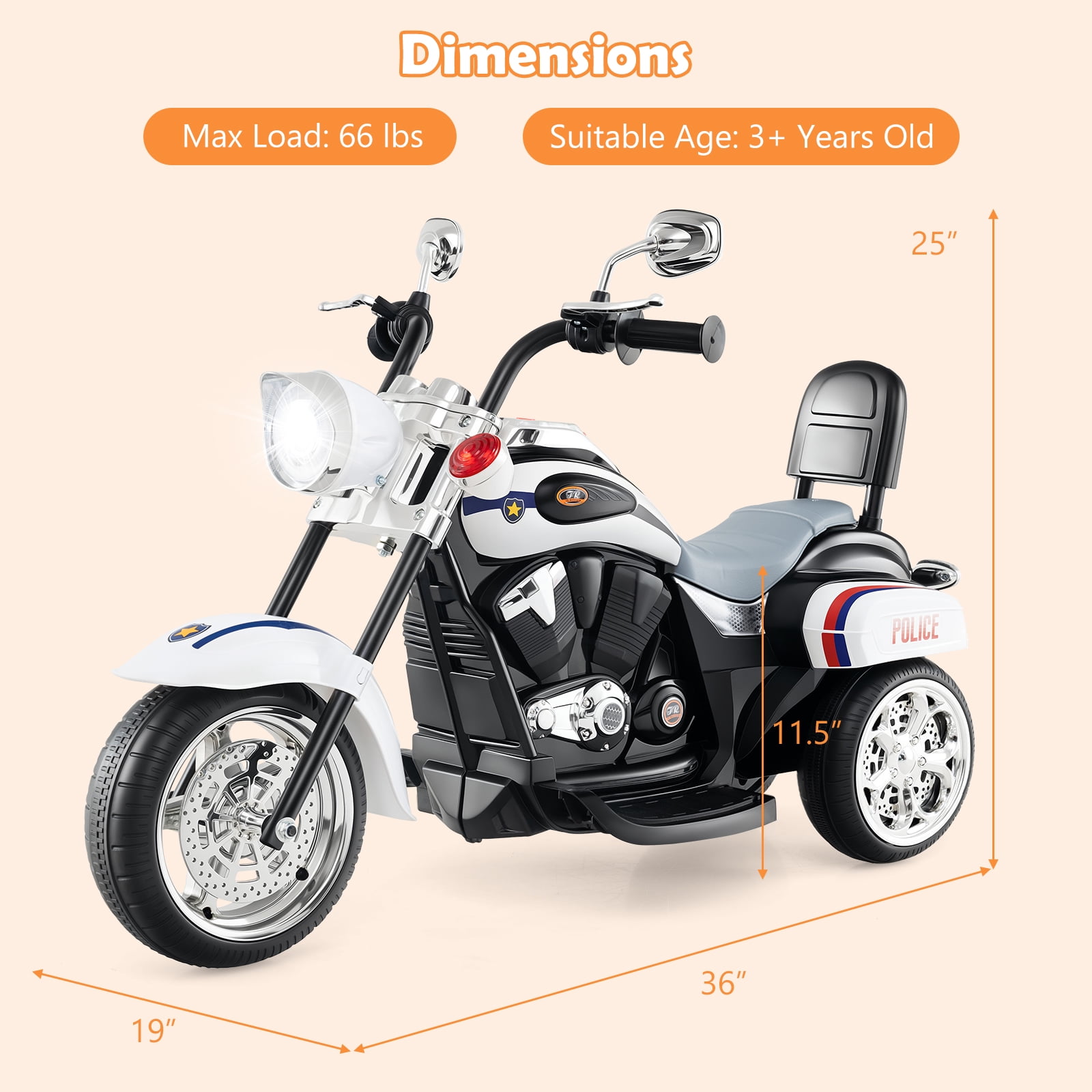 Costway 3 Wheel Kids Ride On Motorcycle 6V Battery Powered Electric Toy Police