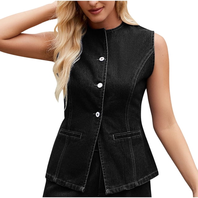 Sentmoon Débardeurs pour Femmes Col Ras du Cou en Denim Hauts Grande Taille pour Femmes Coupe Décontractée T-Shirts Graphiques Sans Manches 2025 Été Tendance Adolescentes pour Brunch de Fin de Semaine Noir G
