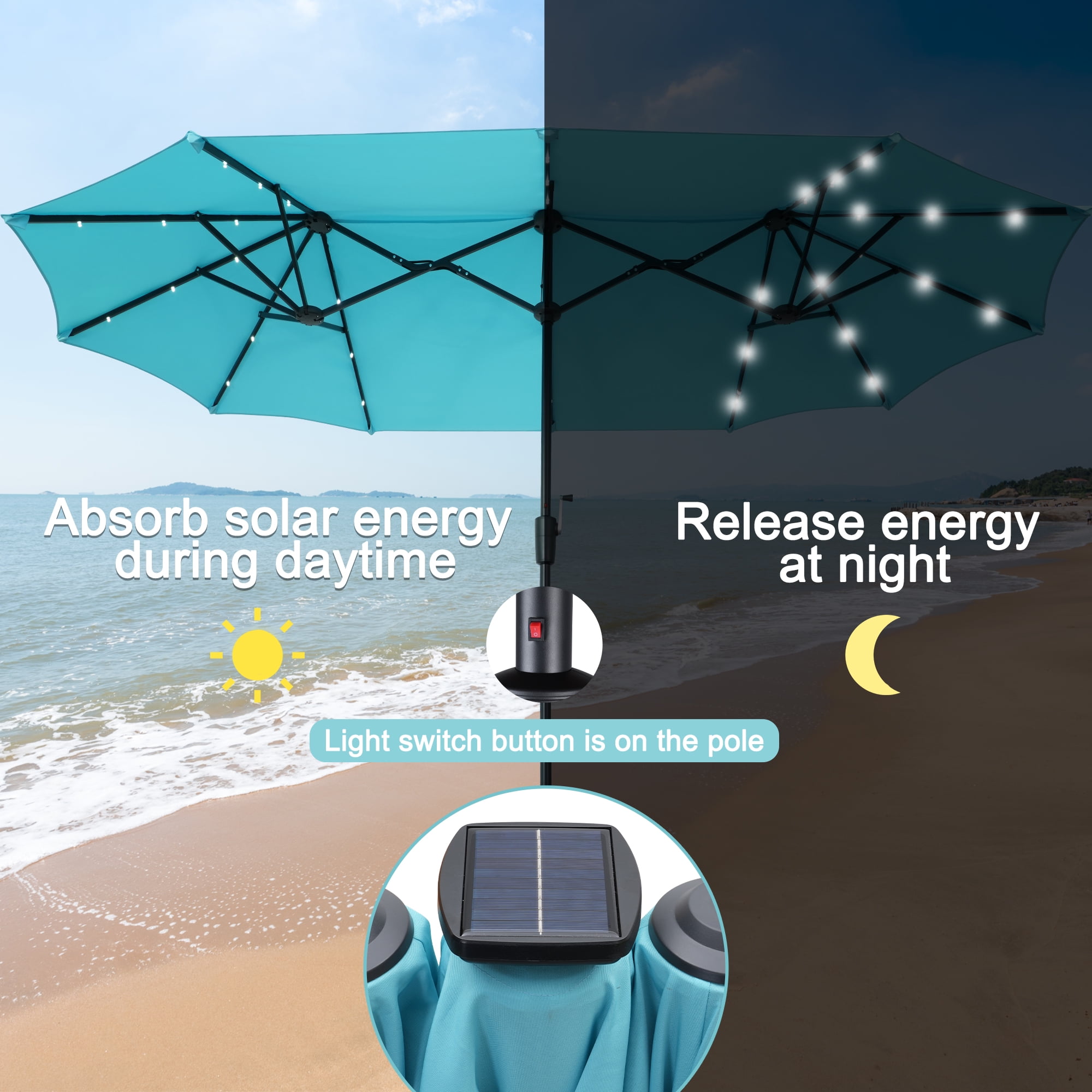 Autlaycil 13ft Rectangle Patio Umbrella with Base and 36 Solar Lights for Pool, Yard, Market - Blue
