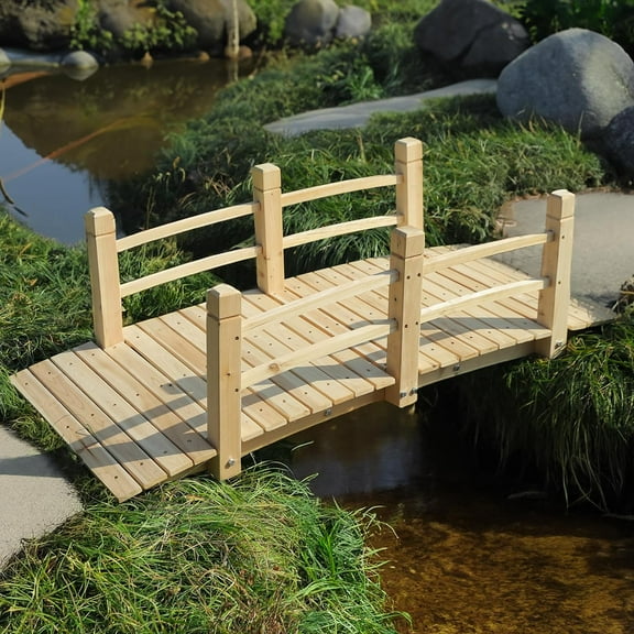 Wood Garden Bridge Classic Wooden Arch Stained Finish Footbridge with Safety Railings, 530 lbs Capacity, Decorative Pond Bridge Landscaping for Outdoor Garden Backyard Creek Farm, Natural