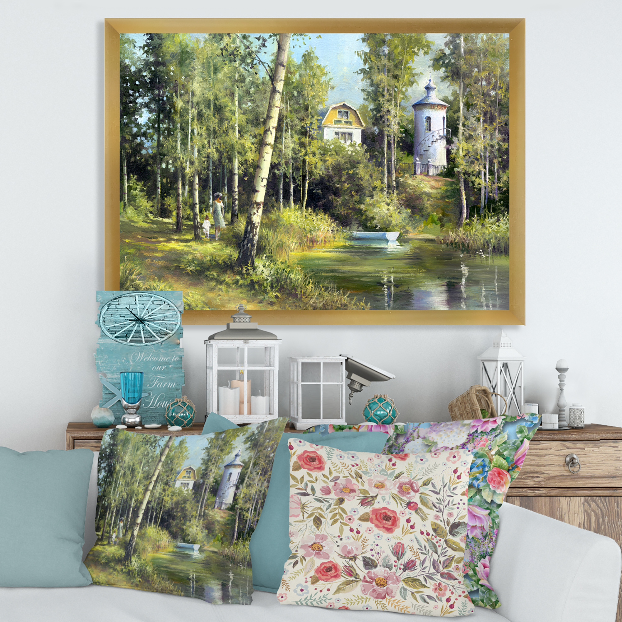 Designart 'The Wood River With Boat On A Decline By The Castle' Lake House Framed Art Print