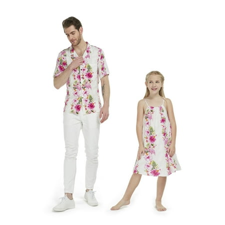Matching Father Daughter Hawaiian Luau Shirt Round Neck Dress Pink Hibiscus Vine Men 3XL Girl