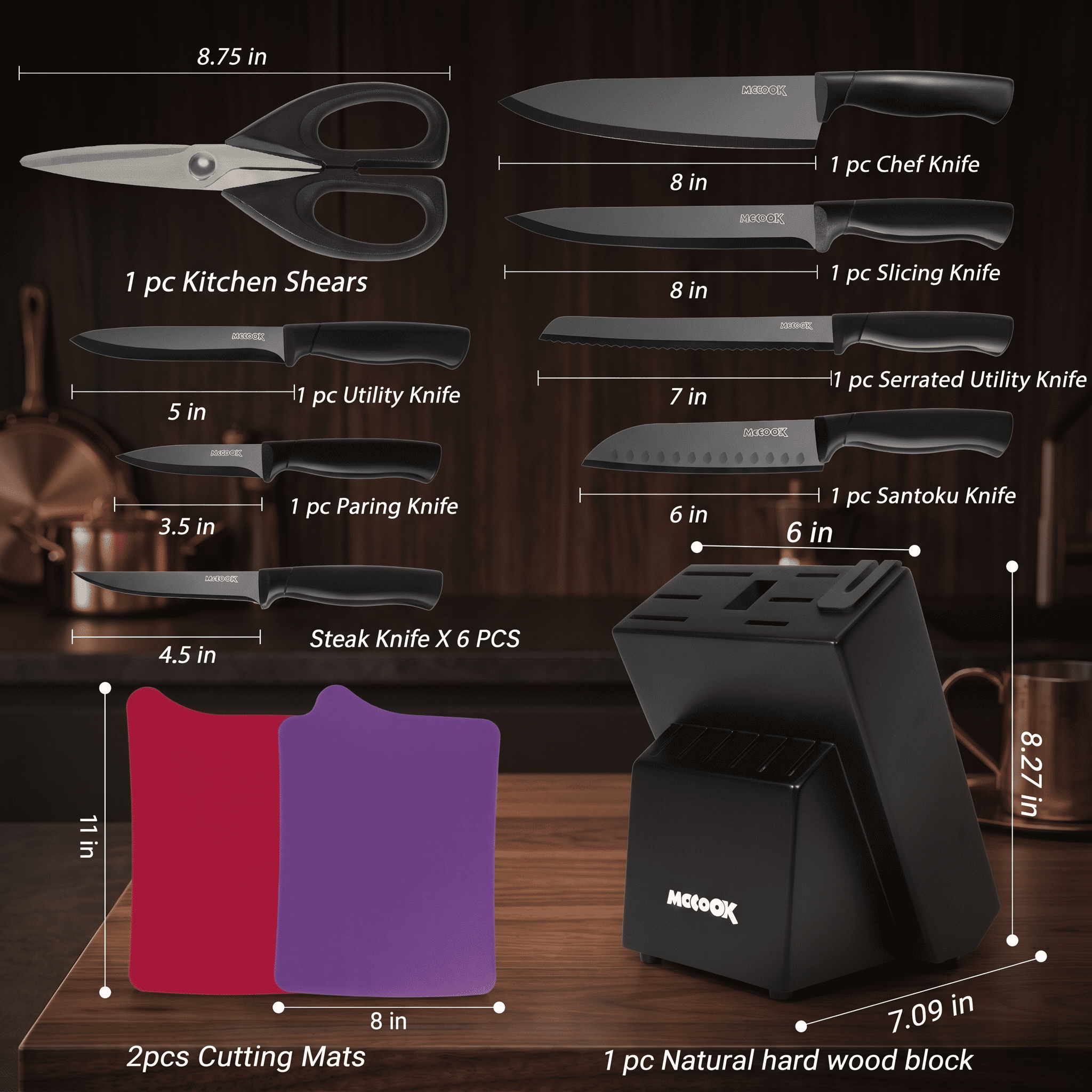 MoCook Kitchen Knife Set, 16 Pcs Knives Block Set with Built-in Sharpener, Healthy Anti-Rust Coating & German Stainless Steel Knife Set, Dishwasher Safe Black