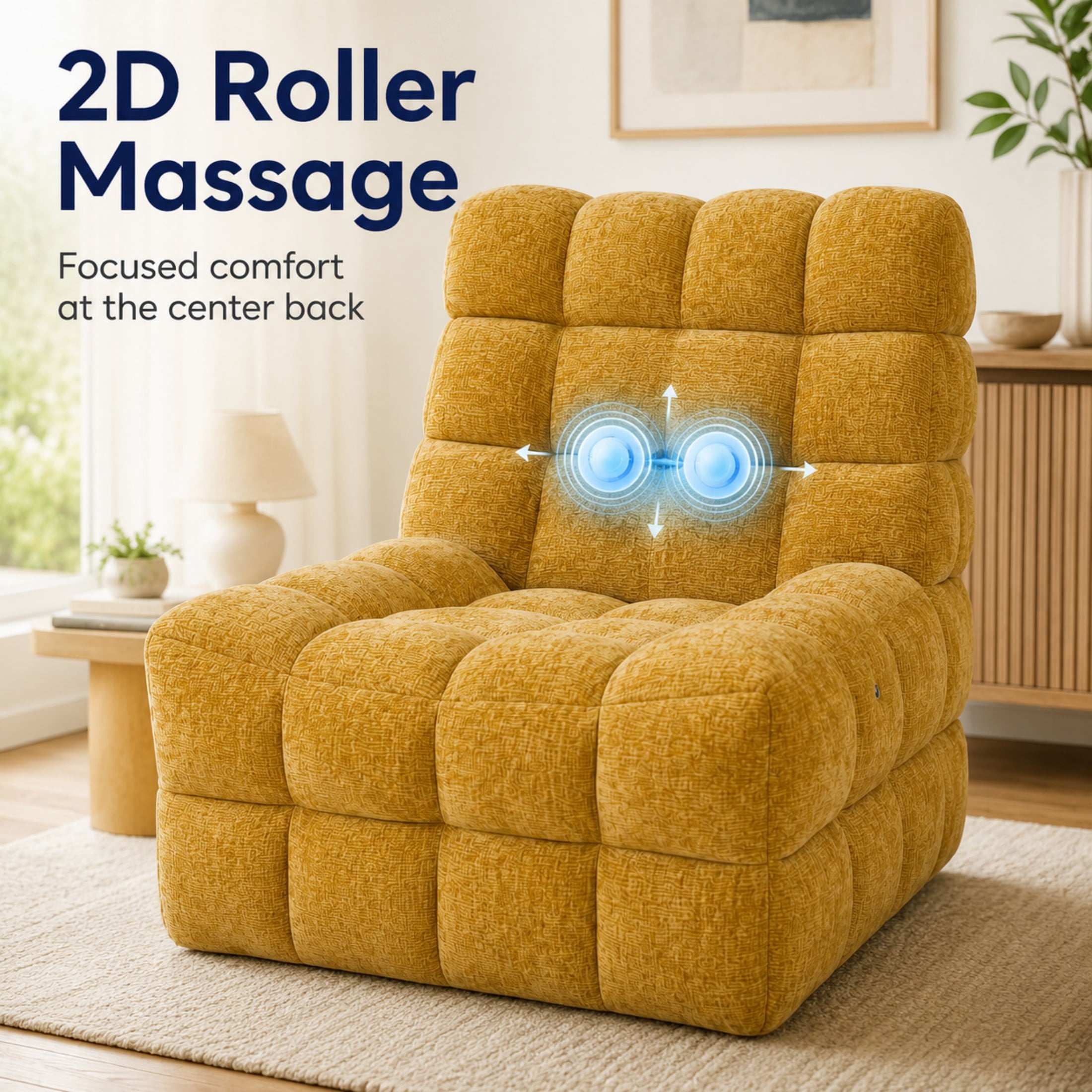Aenkyo Chenille 2D Roller Massage Sofa Chair, Lounge Accent Chair with Pillow, Yellow
