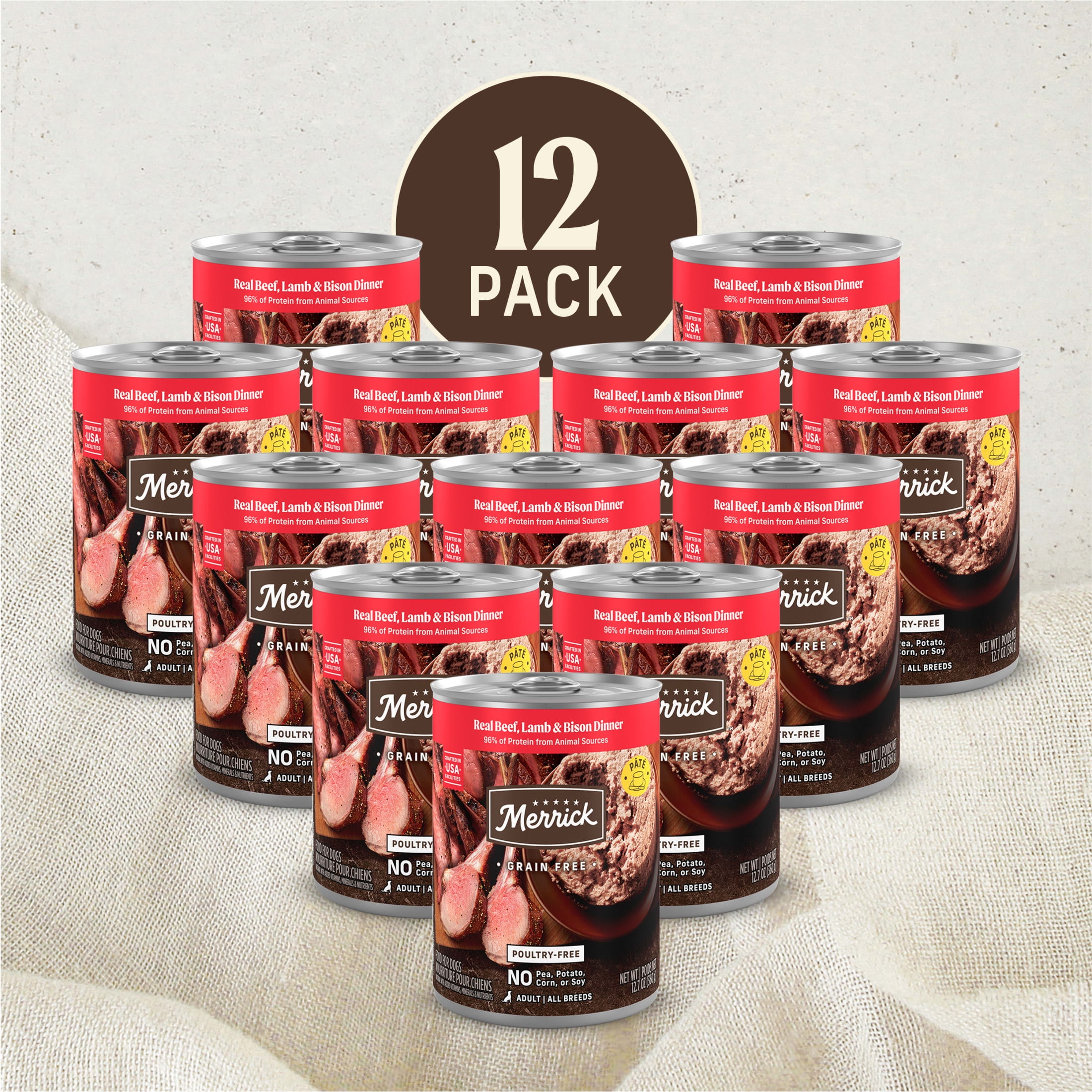 Merrick Grain Free Wet Dog Food for Adults, Real Beef, Lamb & Bison, 12.7 oz Can, 12 Pack
