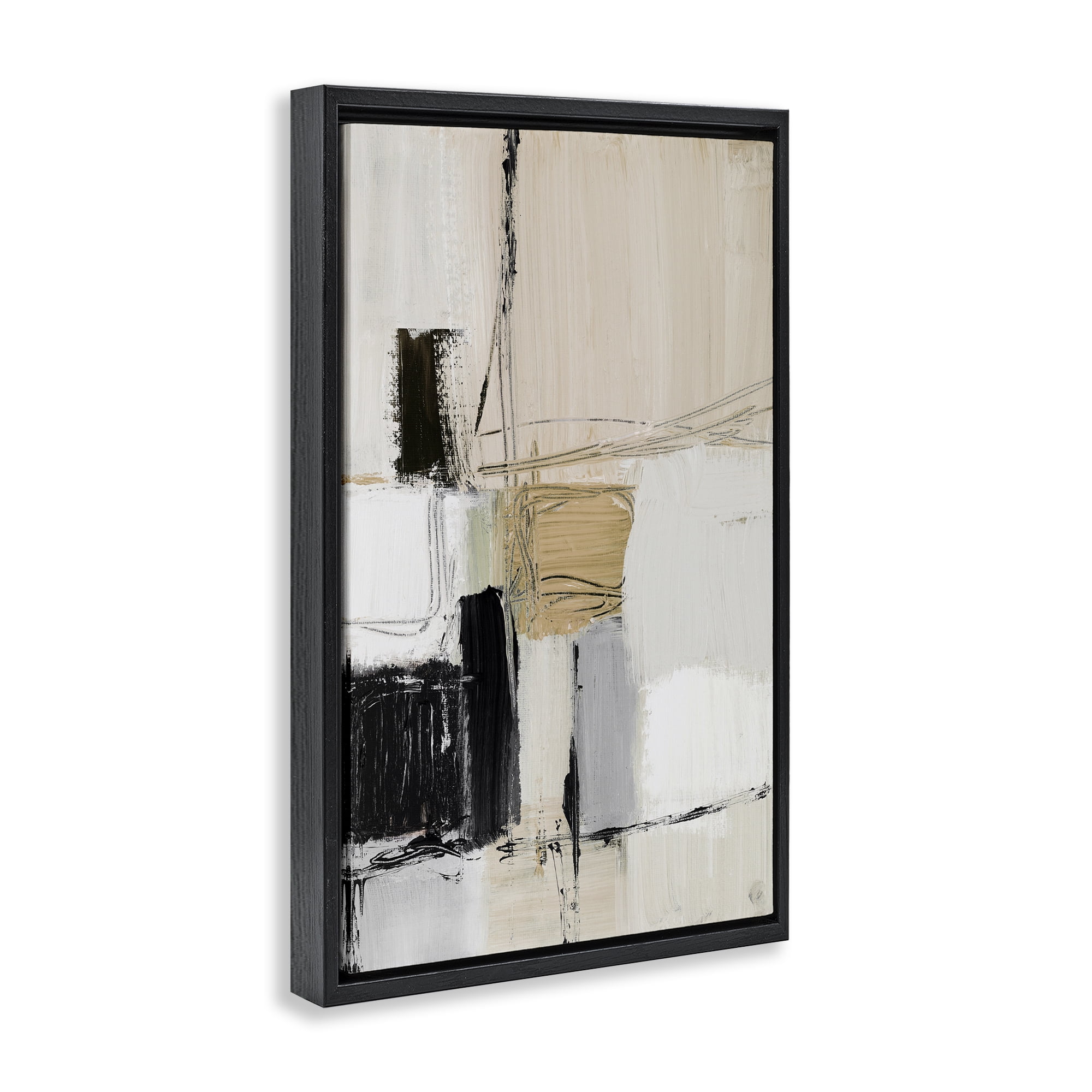 Stupell Industries Beige Organic Shapes Collage Abstract Painting Black Floater Framed Canvas Art Print Wall Art, 21 x 31