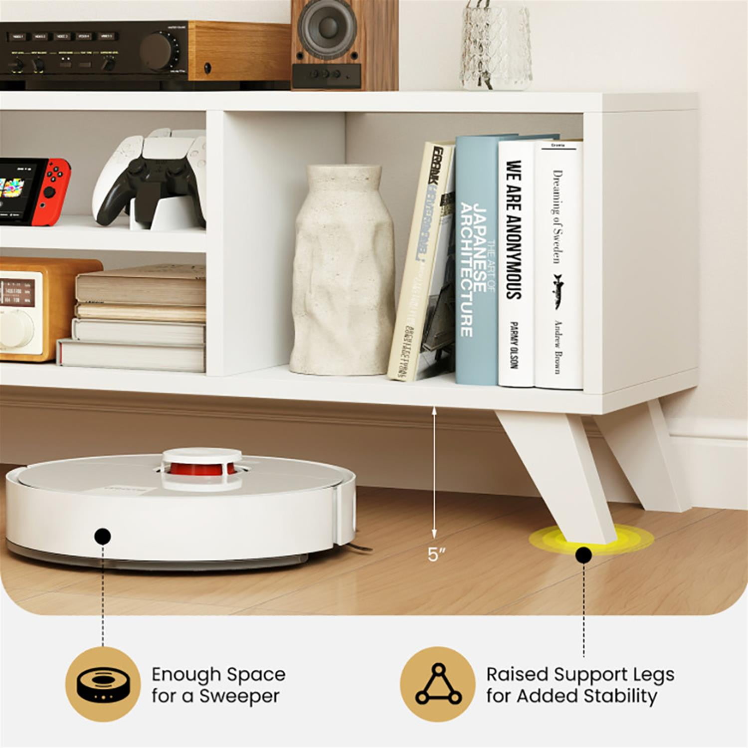 Demi Bonn TV Stand for 60" TVs, Entertainment Center with Raised Support Legs, Modern Media TV Console Table for Living Room Bedroom, White