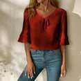 thumbnail image 2 of QIUOMBBP Ruffle Short Sleeve Tops for Women Linen Tie Front Solid Color V Neck Shirts Loose Lightweight Summer Casual Daily Tshirts Red XL, 2 of 9