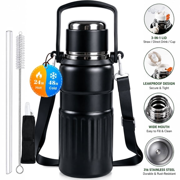 3-in-1 Insulated Water Bottle, 34oz Leakproof Stainless Steel Thermos with Straw & Spout Lid, 316 Stainless Steel Interior, Handle & Adjustable Strap for Work, Gym, Travel & Hot or Cold Drinks