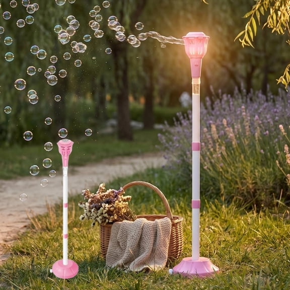 Light Up Garden Lamp Bubble Maker, Kids Bubble Toy with Music, Rechargeable Adjustable Height Standing Blower for Outdoor Summer Party Pink