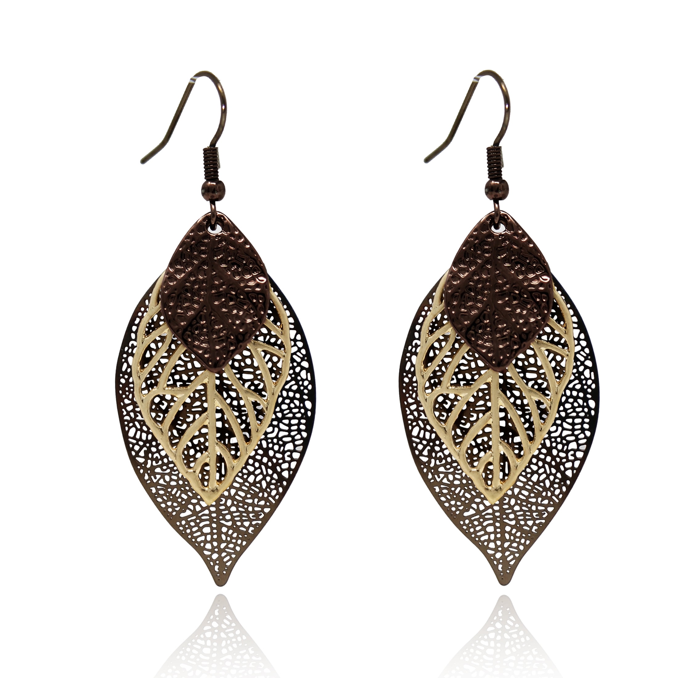 Pomina Choco Gold Fashion Fall Leaf Boho Earrings Gold Silver Two Tone Filigree Leaf Dangle Drop Earrings for Women Teens (Choco Gold)