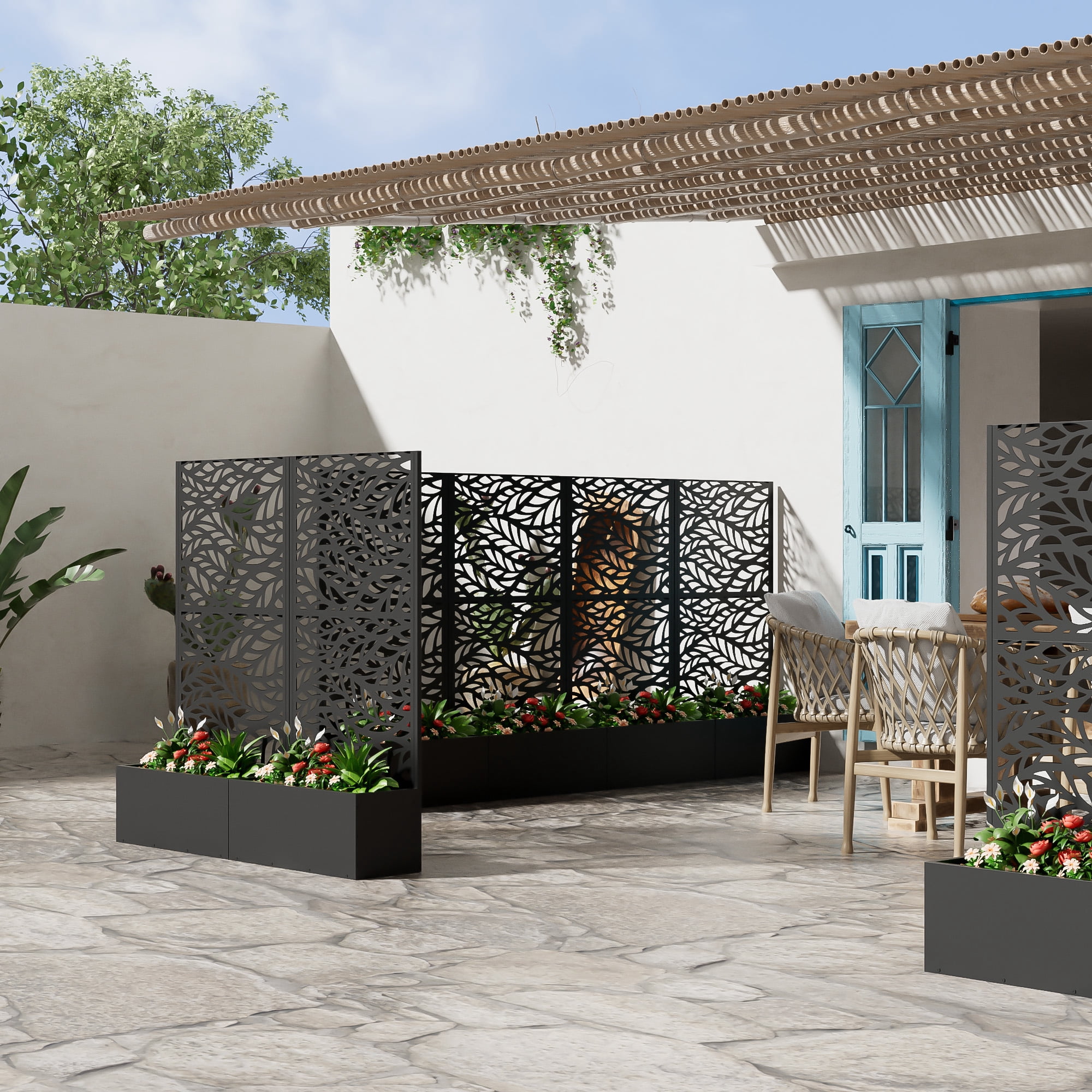 MAYEERTY 2-Set 59*30" Outdoor Black Metal Planter Box with Trellis for Climbing Plants, Flowing Leaves Panel