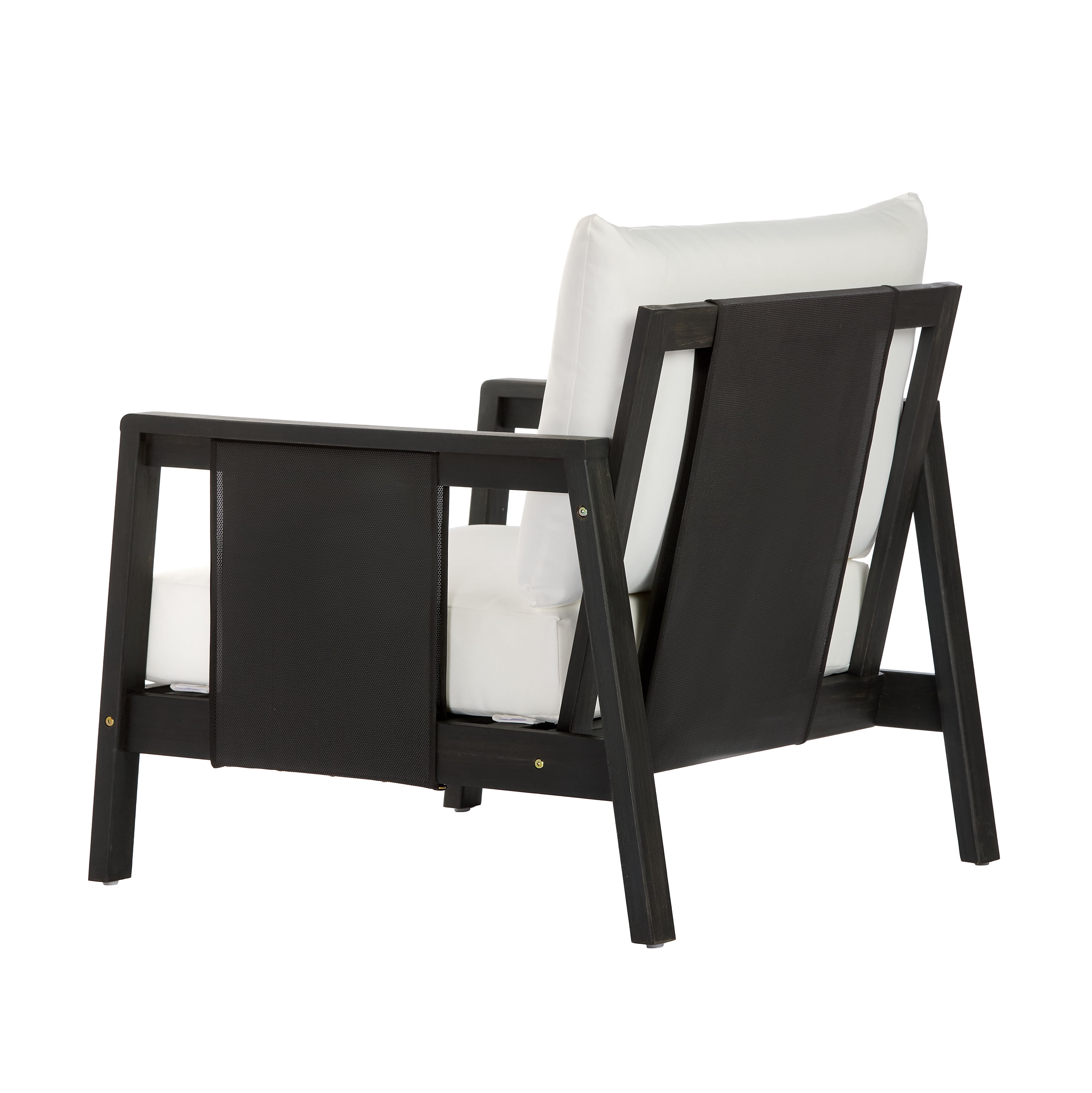 Club Chair, Outdoor Acacia Wood Frame Chair with Black Textilene Accents Water-Repellent White Cushions, Dark Grey