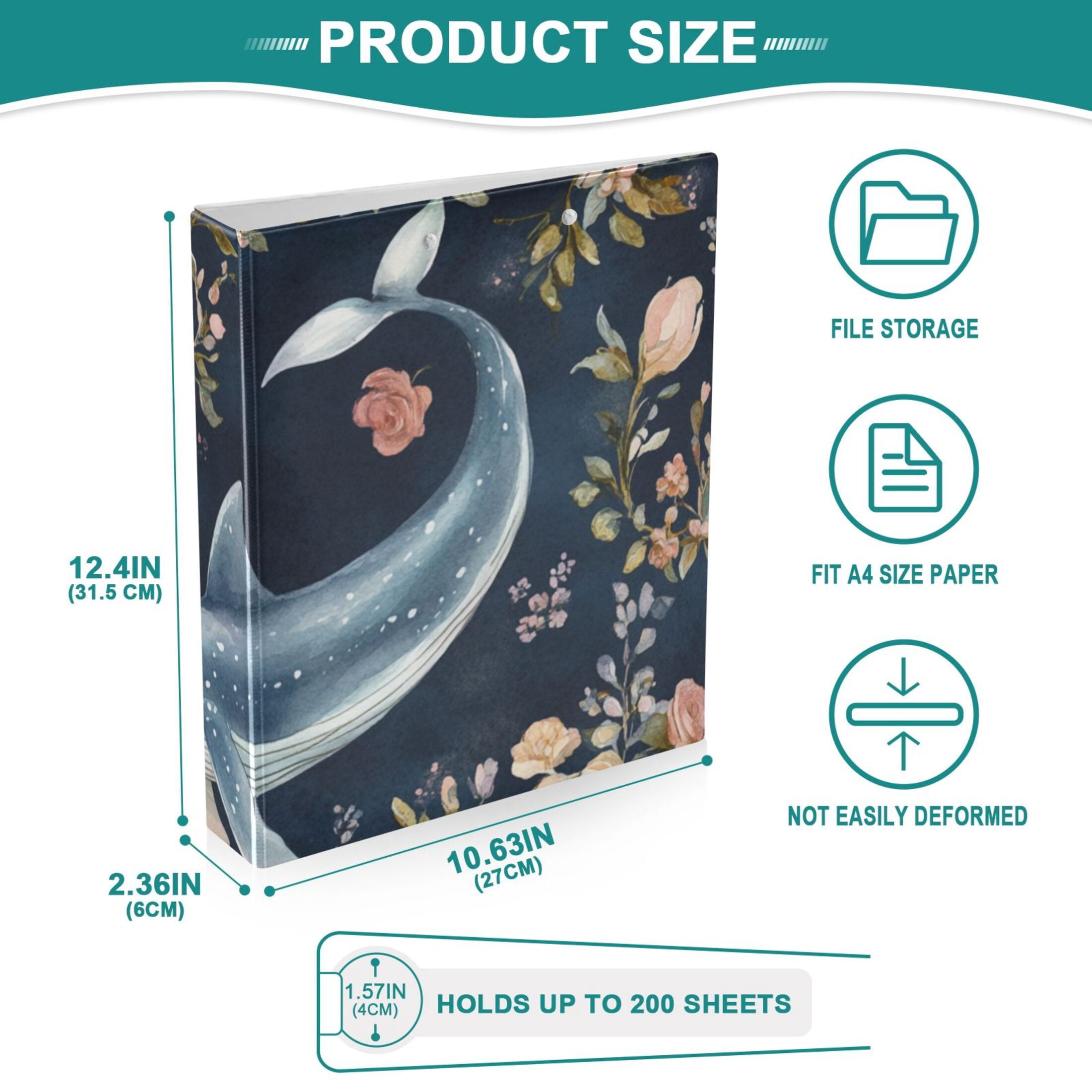 Whales Floral Roses 3 Ring Binders 1.5 inch Hardcover File Folders with Interior Pockets A4 Size Organizer for School Office Hospital