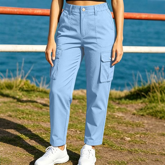 Women's Button Zip Cargo Jogger Pants, Ghalytn Elastic Back Waist Multi-Pocket Casual Outdoor Tapered Trousers