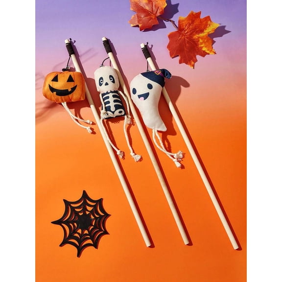 Halloween Cat Teaser Wand Toy Set - Multicolor Skeleton, Ghost & Pumpkin
